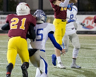 MICHAEL G TAYLOR | THE VINDICATOR- 11-04-16- 3rd qtr, Mooney's #10 Pat Pelini intercepts the attempted pass. OHSAA D4 Football Playoffs Hubbard Eagles vs Cardinal Mooney Cardinals at Stambaugh Stadium, YSU in Youngstown, OH