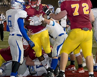 MICHAEL G TAYLOR | THE VINDICATOR- 11-04-16- 3rd qtr, Mooney's #9 Jaylen Hewlett scores rushing TD to put Mooney up 14-6. OHSAA D4 Football Playoffs Hubbard Eagles vs Cardinal Mooney Cardinals at Stambaugh Stadium, YSU in Youngstown, OH