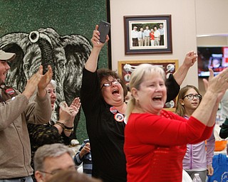 ROBERT K. YOSAY | THE VINDICATOR..Trump supporters at the Republican HQ in Boardman cheer and clap and yell as he wins state after state...Election 2016... . - -30-...