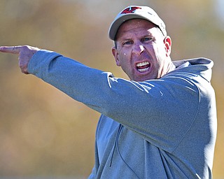 YOUNGSTOWN, OHIO - NOVEMBER 12, 2016: Head coach Bo Pelini shouts at the referee after a pass interference call went against YSU during the second half of their game Saturday afternoon at Stambaugh Stadium. YSU won 21-14. DAVID DERMER | THE VINDICATOR