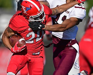 YOUNGSTOWN, OHIO - NOVEMBER 12, 2016: Running back Jody Webb #20 of YSU stiff arms safety Ryan Neal #21 of Southern Illinois during the second half of their game Saturday afternoon at Stambaugh Stadium. YSU won 21-14. DAVID DERMER | THE VINDICATOR