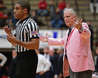 YOUNGSTOWN, OHIO - NOVEMBER 12, 2016: Head coach Jerry Slocum of YSU shows his displeasure with the official after a foul call against YSU during the first half of their game Saturday night the Beeghly Center. DAVID DERMER | THE VINDICATOR