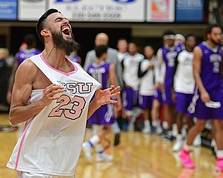 YOUNGSTOWN, OHIO - NOVEMBER 12, 2016: Francisco Santiago #23 of YSU celebrates after YSU defeated Akron 90-82, Saturday night the Beeghly Center. DAVID DERMER | THE VINDICATOR
