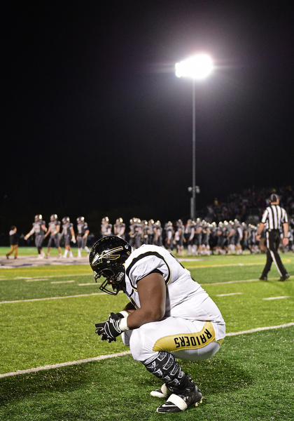 TWINSBURG, OHIO - NOVEMBER 18, 2016: Kaprice Sledge #91 of Harding reacts on the field after the clock hit triple zero of their playoff game Friday night at Twinsburg High School. Hudson won 24-21. DAVID DERMER | THE VINDICATOR