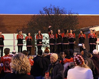 Neighbors | Abby Slanker.The Canfield High School varsity cheerleaders were introduced and performed at the Canfield Local School District’s annual Community Bonfire Oct. 27.