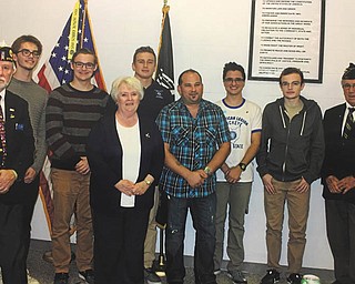 SPECIAL TO THE VINDICATOR
Austintown American Legion Post 301 hosted a dinner on Oct. 22 in association with the Austintown Rotary, Austintown Optimist Club, Greenwood Chevrolet, Noday’s Auto Sales and Linda Milne to honor the American Legion 2016 Buckeye Boys State delegates. Some of those attending, from left, were Post Commander Sam Swoger III, Ross Bailey, Jason Long, Milne, Brandon Akusewski, Anthony Noday, Jacob Rodish, Cameron Dombrowski and Robert Kirchner, chairman of Buckeye Boys State.