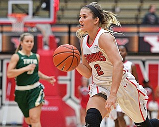 YOUNGSTOWN, OHIO - NOVEMBER 23, 2016: Alison Smolinski #2 of YSU dribbles up court during the first half of their game Wednesday night at the Beeghly Center. DAVID DERMER | THE VINDICATOR