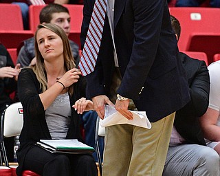 YOUNGSTOWN, OHIO - NOVEMBER 23, 2016: Head coach John Barnes of YSU shows his frustration with a call on the court during the first half of their game Wednesday night at the Beeghly Center. DAVID DERMER | THE VINDICATOR