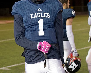 MICHAEL G TAYLOR | THE VINDICATOR- 11-26-16-  JFK's #1 Hyland Burton celebrates the victory. OHSAA D7 Football Semi  John F Kennedy Eagles vs Canal Winchester Harvest Prep Warriors at Woody Hayes Quaker Stadium in New Philadelphia, OH.