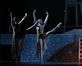 (Nikos Frazier | The Vindicator)..Angels, Katie Kurdziel(left) and Maddy Ewing(right) dance on stage at rehearsal for "Nativity, The Hope" at Youngstown Playhouse in Youngstown on Sunday, Nov. 27, 2016.