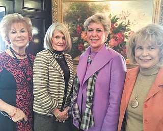 SPECIAL TO THE VINDICATOR
The Youngstown Area Federation of Women’s Clubs hosted its general meeting Nov. 16 at Springfield Grille with Catherine Campana presiding. The club was joined by Ellen Tressel, who shared historical and current information on Youngstown State University. From left, are Campana, president; Betty Cmil, first vice president; Tressel; and Barbara Higgins, second vice president. The next meeting will be at noon Dec. 21 at Tippecanoe Country Club. Entertainment will be provided, and guests are welcome. Tickets are $20, and reservations are required. Members are asked to take an unwrapped children’s book for the Beatitude House. For reservations call Pat Sullivan at 330-533-1528.