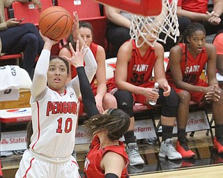 (Nikos Frazier | The Vindicator)..Youngstown State University Penguins freshman guard Mailee Jones(10) puts up a three pointer during the first half as Youngstown State University takes on Saint Francis University at the Beeghly Center in Youngstown on Saturday, Dec. 3, 2016.