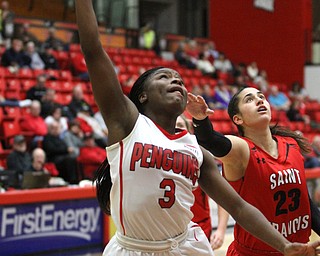 (Nikos Frazier | The Vindicator)..Saint Francis University Red Flash sophomore guard Jessica Kovatch(23) watches as Youngstown State University Penguins junior guard Indiya Benjamin's(3) layup goes into the net during the second half as Youngstown State University takes on Saint Francis University at the Beeghly Center in Youngstown on Saturday, Dec. 3, 2016.