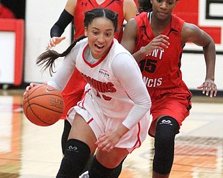 (Nikos Frazier | The Vindicator)..Youngstown State University Penguins freshman guard Mailee Jones(10) drives towards the net in the final minute  as Youngstown State University takes on Saint Francis University at the Beeghly Center in Youngstown on Saturday, Dec. 3, 2016.