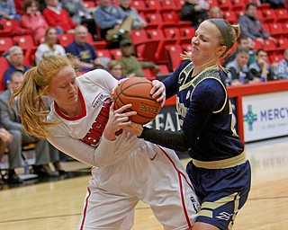 Youngstown State's Kelley Wright (35) tries to rip the ball away from Akron's Hannah Plybon (22) during the first half of Tuesday nigths matchup at the Beeghly Center.  Dustin Livesay  |  The Vindicator  12/6/16  Beeghly Center, YSU