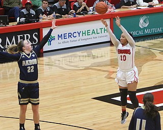 Youngstown State's Mailee Jones (10) takes a 3-pointer while being defended by Akron's Hannah Plybon (22) during the first half of Tuesday nigths matchup at the Beeghly Center.  Dustin Livesay  |  The Vindicator  12/6/16  Beeghly Center, YSU