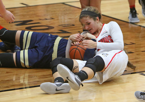 Youngstown State's Alison Smolinski fights for a loose ball with Akron's Haliegh Reinoehl (5) during the first half of Tuesday nigths matchup at the Beeghly Center.  Dustin Livesay  |  The Vindicator  12/6/16  Beeghly Center, YSU