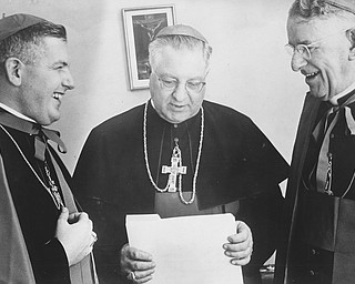 10021962 malone walsh Bishop Leo Pursley of fort Wayne, center Bishop Emmet Walsh, right, and Auxiliary Bishop James Malone( both of Youngstown)  during a Oct 2 1962  event in Youngstown.