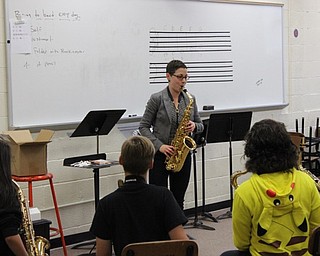 Neighbors | Abby Slanker.Guest clinician Noa Even played her saxophone along with Canfield Village Middle School eighth-grade saxophone players Oct. 13.
