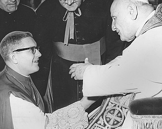 Rev James Malone Aux Bishop of Youngstown is greeted by Pope John during Eccumenical Council in Rome.