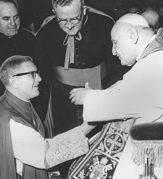 Rev James Malone Aux Bishop of Youngstown is greeted by Pope John during Eccumenical Council in Rome.