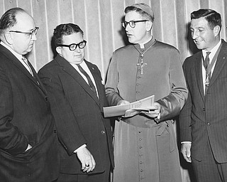 12051960 Bishop James Malone addressed Knights of Columbus. From left Henry Kondrat, Anthony Brueneman Jr. Bishop Malone, and Rudy Granito.