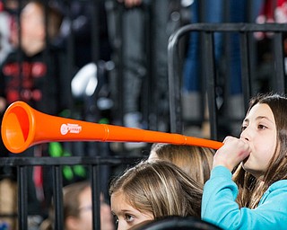 Scott R. Galvin | Vindicator.A student cheers on the Youngstown Phantoms using her vuvuzela horn during the second period against the Muskegon at the Covelli Centre on Dec. 8, 2016. The Phantoms hosted the annual School Days game for students in schools from around the area. The Phantoms lost 4-3 in overtime.