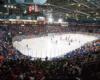 Scott R. Galvin | Vindicator.The Youngstown Phantoms line up for a face-off against the Muskegon Lumberjacks during the third period at the Covelli Centre on Dec. 8, 2016. The Phantoms hosted the annual School Days game for students in schools from around the area. The Phantoms lost 4-3 in overtime.