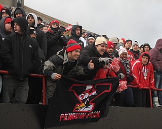 .Justin Summer(beige hat) and Mario Change(red hat left) cheer during the first half as Youngstown State takes on Wofford College in the FCS quarterfinals at Stambaugh Stadium in Youngstown on Saturday, Dec. 10, 2016. Youngstown State won in double overtime, 30-23, advancing to the semifinals...(Nikos Frazier | The Vindicator)..