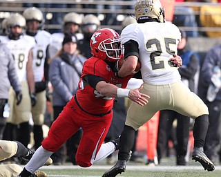 Youngstown State Penguin sophomore linebacker Armand Dellovande (42) tackles Wofford College Terrier senior halfback Will Gay (25)during the first half as Youngstown State takes on Wofford College in the FCS quarterfinals at Stambaugh Stadium in Youngstown on Saturday, Dec. 10, 2016. Youngstown State won in double overtime, 30-23, advancing to the semifinals...(Nikos Frazier | The Vindicator)..
