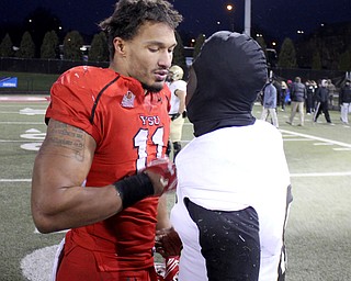 Youngstown State's Derek Rivers greets Wofford quarterback Joe Newman (8) after the Penguins double overtime victory against the Terriers on Saturday afternoon at Stambaugh Stadium. Dustin Livesay  |   The Vindicartor  12/10/16  YSU.