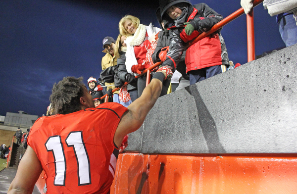 Youngstown State's Derek Rivers (11) shakes hands with AJ Boehlke (9) of Campbell after the Penguins double overtime victory against Wofford on Saturday afternoon at Stambaugh Stadium. Dustin Livesay  |   The Vindicartor  12/10/16  YSU.