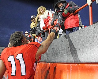 Youngstown State's Derek Rivers (11) shakes hands with AJ Boehlke (9) of Campbell after the Penguins double overtime victory against Wofford on Saturday afternoon at Stambaugh Stadium. Dustin Livesay  |   The Vindicartor  12/10/16  YSU.