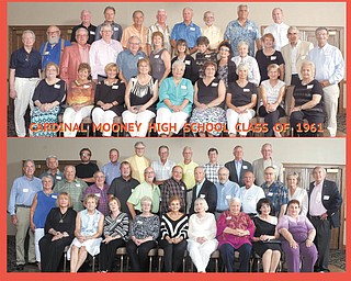 SPECIAL TO THE VINDICATOR
The Cardinal Mooney Class of 1961 recently reunited. Classmates (top photo), in front from left, are Kathryn (Scheez) Flesse, Lois Jean (Mooney) Carlson, Connie (Colaprete) Foster, Katie (Carney) Dailey, Marie (Palma) Kifer, Joanne (Kovach) Herubin,  Mary Jane (Janci) Brugeman, Betty (Moran) Clarke and Maurine Eperjese Lautzenheiser. In row two are Jerry Kraynak, Robert Kelley, Don Dailey, Ken Flesse, John Glista, Pat Carney, Carolyn (Liberatore) Barrett, Bernadette F. (Starke) Kovach, Dee (Dell Arco) Angel, Marge (McClafferty) Lengyel, Betty Dempsey Orosz, Michael Elias and Bill Drummond. In back are Dave Alen, Jim Gerlach, Bob Gerberry, Jack Colonna, Ray Higgins, Terry Jones, Bob Elias and David Connaughton. Below, in front from left, are Paulette (Stricko) Migletz, Dot (Ferenchak) Vogrin, Sherry (Ricker) Scheetz, Carol (Willison) O’Malley, Carolyn (Moore) Panzo, Jan (Moore) Plummer, Betty Velk Shutrump, Mary Jane (McAtee) Taafe and Janice (Markovich) Vitullo. In row two are Philip J. Rigney, Sandy Olenick, Bob Pushay, Terry Sell, Joe Sulka, Ron Voytko, John Paczak, Steve Martinko, Ray Scheetz, Sam Sorice, Dan Handel, Judy Fisher Rafoth and Mat Campbell. In back are Lou Magazzine, Alex J. Varie Jr., Billy Palowitz, Mel Rusnak, Tom Troll, George Spencer, Bert Shramko, Edmund Shebert and Bob McGowan.
