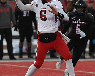 CHENEY, WA - DECEMBER 17: Youngstown State quarterback Hunter Wells (6) delivers a pass during the game between the Youngstown State University Penguins and the Eastern Washington University Eagles on December 17, 2016 at Roos Field in Cheney, Washington.  (Photo by Robert Johnson).