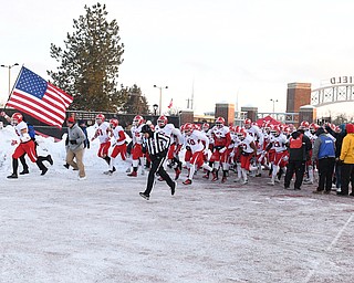 CHENEY, WA - DECEMBER 17: Youngstown State takes the field before the game between the Youngstown State University Penguins and the Eastern Washington University Eagles on December 17, 2016 at Roos Field in Cheney, Washington.  (Photo by Robert Johnson).