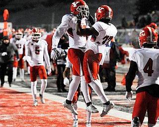 CHENEY, WA - DECEMBER 17: Youngstown State sophomore tailback Tevin McCaster celebrates a score during the game between the Youngstown State University Penguins and the Eastern Washington University Eagles on December 17, 2016 at Roos Field in Cheney, Washington.  (Photo by Robert Johnson).
