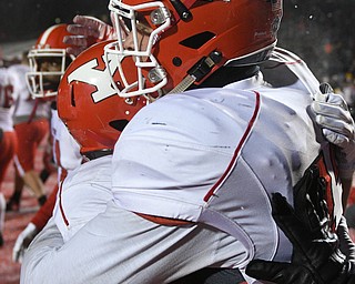 CHENEY, WA - DECEMBER 17: Youngstown State tightend Kevin Rader (83) is hugged by a teammate after making the game-wining catch during the game between the Youngstown State University Penguins and the Eastern Washington University Eagles on December 17, 2016 at Roos Field in Cheney, Washington.  (Photo by Robert Johnson).