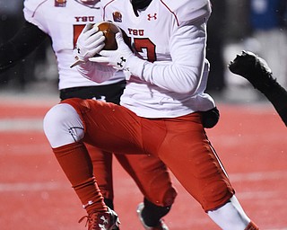 CHENEY, WA - DECEMBER 17: Youngstown State junior defensive back Billy Nicoe Hurst (17) intercepts a pass in the end zone during the game between the Youngstown State University Penguins and the Eastern Washington University Eagles on December 17, 2016 at Roos Field in Cheney, Washington.  (Photo by Robert Johnson).