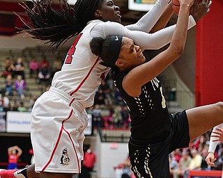 YOUNGSTOWN, OHIO - DECEMBER 21, 2016: Ja'Nia McPhatter #32 of Point Park and Tamira Ford #44 of YSU battle for a rebound under the basket during the first half of their game Tuesday morning at Beeghly Center. YSU won 84-71. DAVID DERMER | THE VINDICATOR