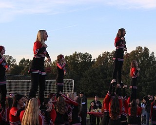 Neighbors | Abby Slanker.Canfield High School cheerleaders led a cheer at the Canfield Community Tailgate Oct. 28.