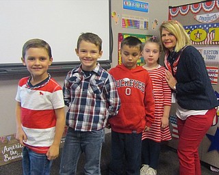 Neighbors | Submitted.Chase Willis, Landon Gallagher, Ridge Ewert, Sienna O'Keefe and Mrs. Handel wait their turn to vote.