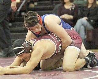 Fitch's Michal Ferree(blue) pins Boardman's Kareem Hamden(red) in the Boardman High School Gymnasium on Thursday, Dec. 22, 2016. 152 pounds..(Nikos Frazier | The Vindicator)..