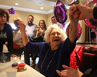 Sophie Antolik celebrates her 100th birthday at the Bradford Green Clubhouse at Westford Condos in Canfield on Saturday, Dec. 24, 2016...(Nikos Frazier | The Vindicator)..