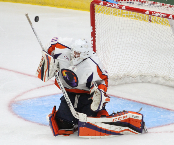 Youngstown Phantoms goalie Britt League (30) deflects an attempted shot during the second period as the Youngstown Phantoms take on the Muskegon Lumberjacks at the Covelli Centre in Youngstown on Tuesday, Dec. 27, 2016...(Nikos Frazier | The Vindicator)..