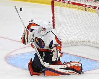 Youngstown Phantoms goalie Britt League (30) deflects an attempted shot during the second period as the Youngstown Phantoms take on the Muskegon Lumberjacks at the Covelli Centre in Youngstown on Tuesday, Dec. 27, 2016...(Nikos Frazier | The Vindicator)..