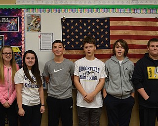 SPECIAL TO THE VINDICATOR
Seventh and eighth grade students in Brad Harnett’s social studies class wrote letters to U.S. soldiers of First Platoon, Delta Company, First Battalion, 46th Infantry Regiment at Fort Benning, Ga.  The soldiers will not be home for the holidays because the company is participating in basic combat training for 10 weeks which will be followed immediately by advanced individual training. Students did not know which soldiers would receive their letters, but Harnett hopes some students will develop a pen-pal relationship with the soldiers. Students who wrote letters, from left, are Abigail Hodge, Celina Gillespie, Kadon Torres, A.J. O’Dell, James Stigleman and Sebastian Workman.