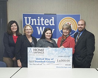 SPECIAL TO THE VINDICATOR
Home Savings Charitable Foundation recently donated $3,000 to United Way of Trumbull County for its 2017 annual campaign. Funds are used to help individuals and families through the Reading Great by 8 initiative and 40 programs and services delivered by 23 agencies. For information about UW of Trumbull County, call 330-369-1000 or visit unitedwaytrumbull.org. From left are Christine Cope, resource development manager, UW of Trumbull County; Colleen Miller, retail manager, Home Savings McDonald office; Traci Vigorito, retail manager, Home Savings Howland office; Ginny Pasha, president and CEO of UW Trumbull County; and Andrew Nemergut, retail manager, Home Savings Eastwood office.