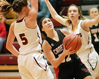 5 32 12 William D. Lewis The vindicator Canfield's Christine Rivera(32) shoots between South Range's Felicia Gaeta(5) and Rachael Maynard(12) during 1-2-17 action at south range.