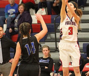 Fitch junior guard Gina DiFrancesco (3) puts up the three during the first quarter as the Fitch Falcons take on the Lakeview Bulldogs at the Austintown Fitch High School Gymnasium  in Austintown on Wednesday, Jan. 4, 2017. Lakeview won, 44-36...(Nikos Frazier | The Vindicator)..
